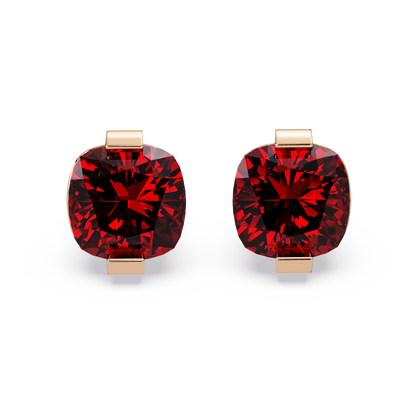 15.7 CTW cushion solitaire colorstone stud earrings, Ruby Red in Rose gold