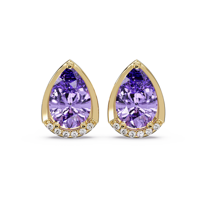 2.3 CTW Sculpted Pear Halo Colorstone Stud Earrings Amethyst Purple Gold