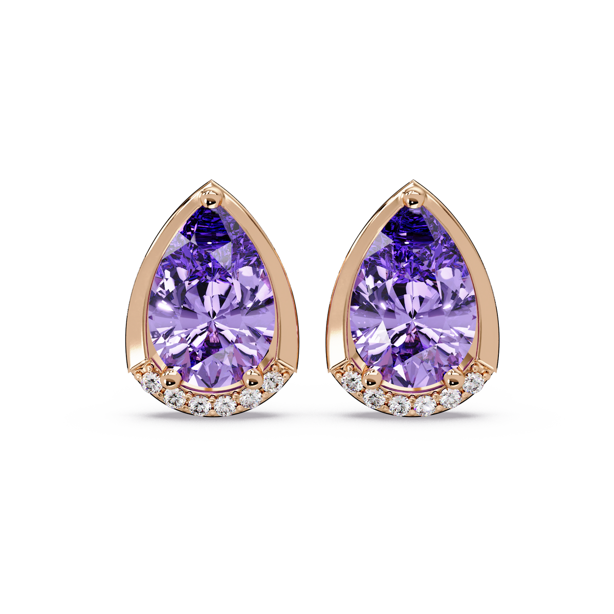 2.3 CTW Sculpted Pear Halo Colorstone Stud Earrings Amethyst Purple Rose gold