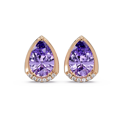 2.3 CTW Sculpted Pear Halo Colorstone Stud Earrings Amethyst Purple Rose gold