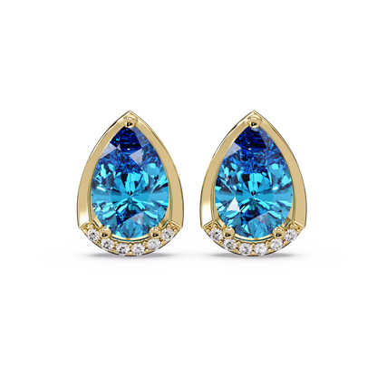 2.3 CTW Sculpted Pear Halo Colorstone Stud Earrings Aquamarine Blue Gold