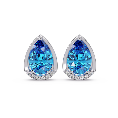 2.3 CTW Sculpted Pear Halo Colorstone Stud Earrings Aquamarine Blue White gold