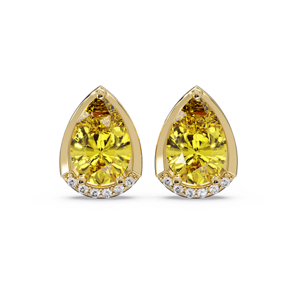 2.3 CTW Sculpted Pear Halo Colorstone Stud Earrings Citrine Yellow Gold