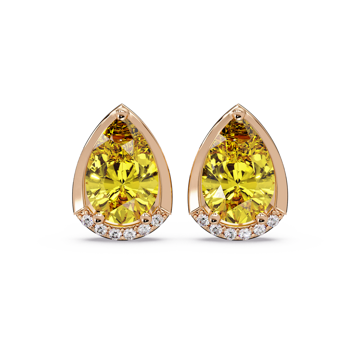 2.3 CTW Sculpted Pear Halo Colorstone Stud Earrings Citrine Yellow Rose gold