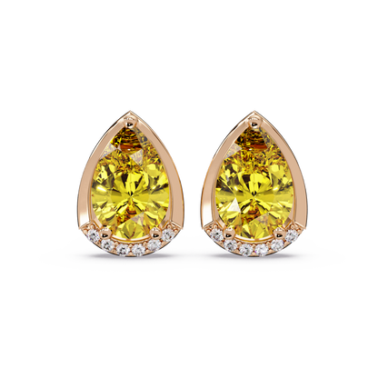 2.3 CTW Sculpted Pear Halo Colorstone Stud Earrings Citrine Yellow Rose gold