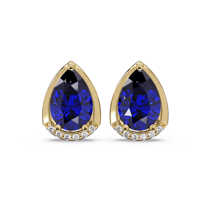 2.3 CTW Sculpted Pear Halo Colorstone Stud Earrings Sapphire Blue Gold