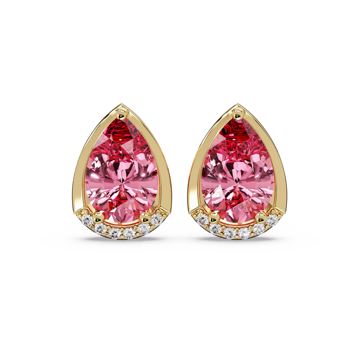 2.3 CTW Sculpted Pear Halo Colorstone Stud Earrings Tourmaline Pink Gold