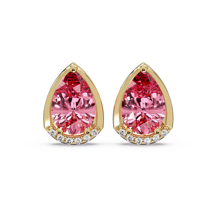 2.3 CTW Sculpted Pear Halo Colorstone Stud Earrings Tourmaline Pink Gold