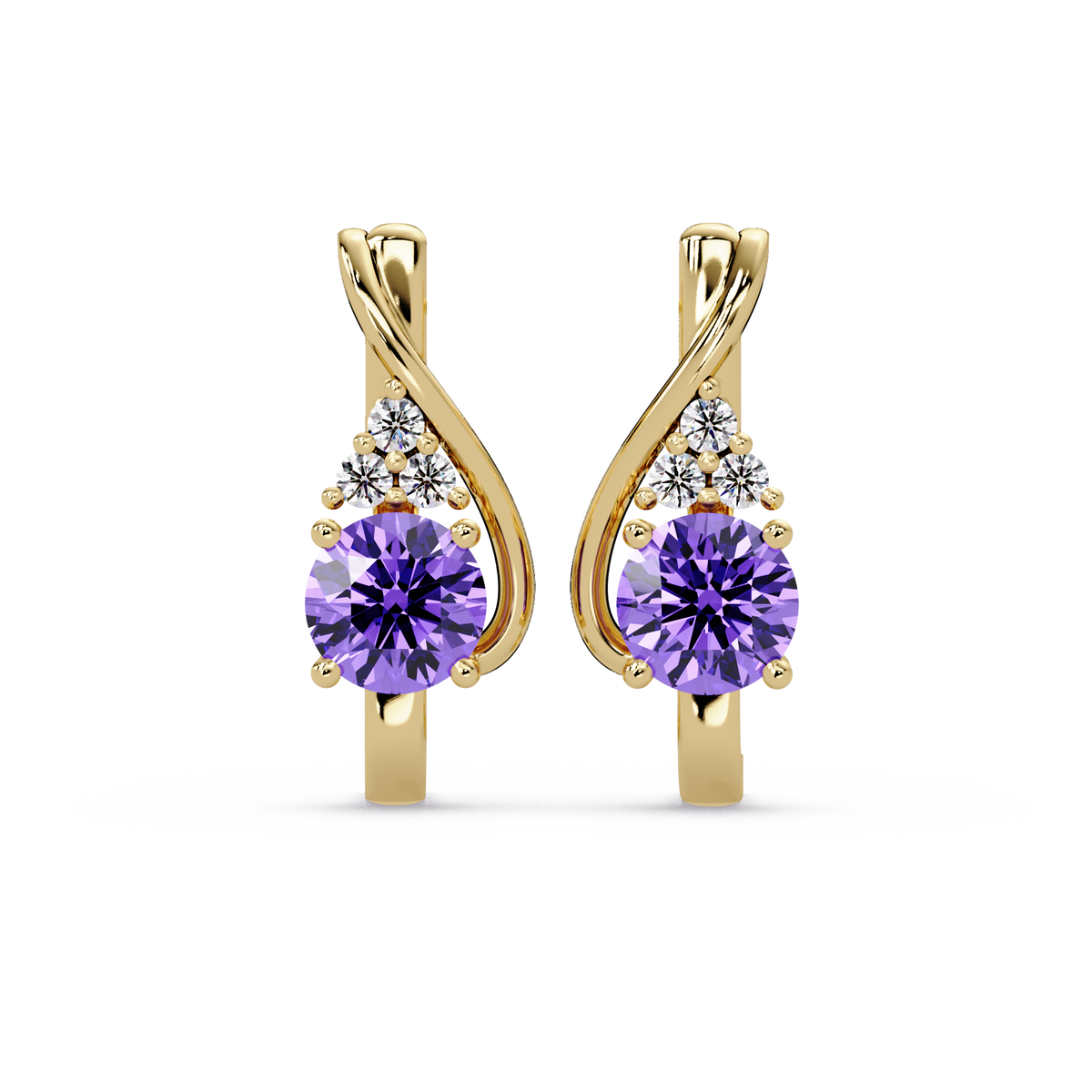 Round crossover colorstone drop earrings, Amethyst Purple in Gold