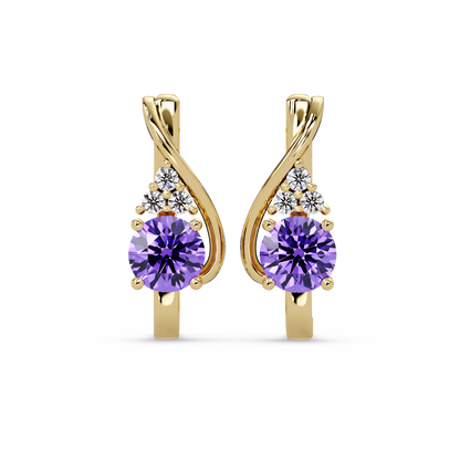 Round crossover colorstone drop earrings, Amethyst Purple in Gold