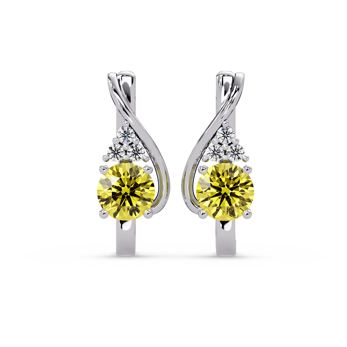 Round crossover colorstone drop earrings, Citrine Yellow in White gold
