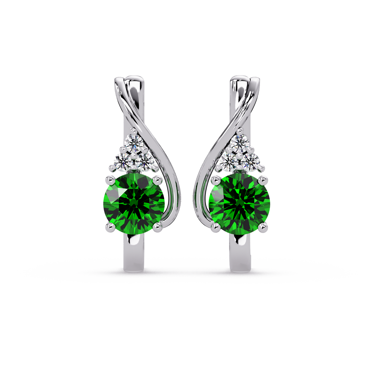 Round crossover colorstone drop earrings, Emerald Green in White gold