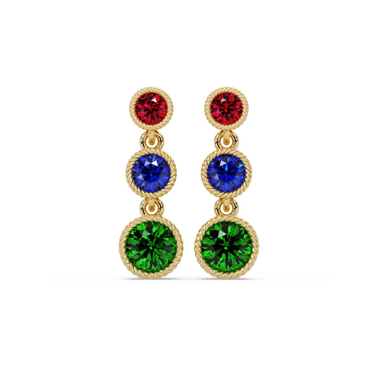 Multicolor triple bezel round drop earrings in yellow gold