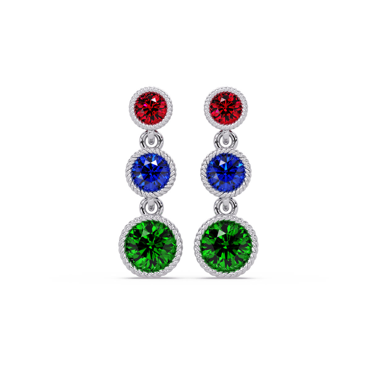 Multicolor triple bezel round drop earrings in white gold