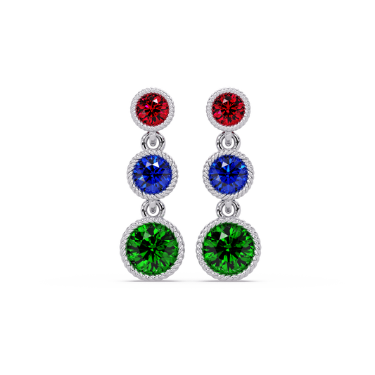 Multicolor triple bezel round drop earrings in white gold