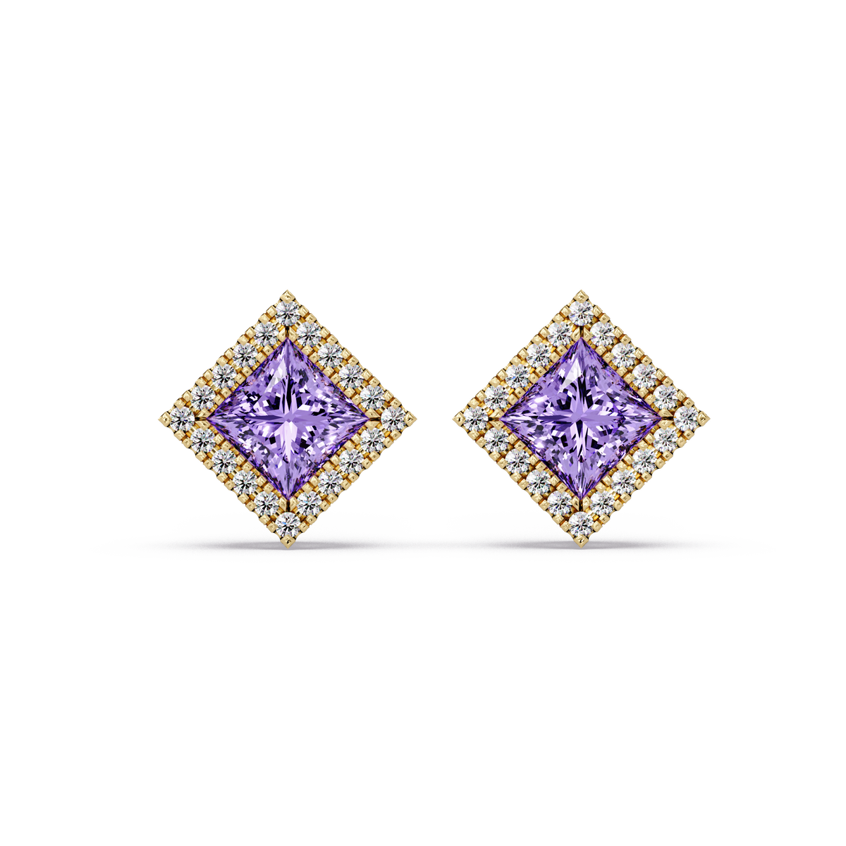 1.5 CTW Princess halo colorstone stud earrings in Gold with Amethyst Purple center stones