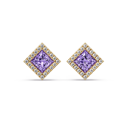 1.5 CTW Princess halo colorstone stud earrings in Gold with Amethyst Purple center stones