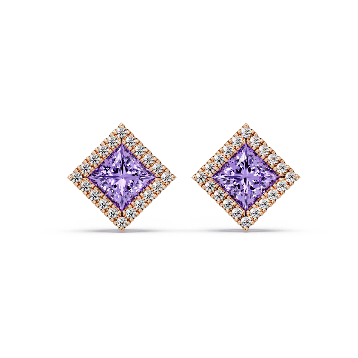 1.5 CTW Princess halo colorstone stud earrings in Rose gold with Amethyst Purple center stones