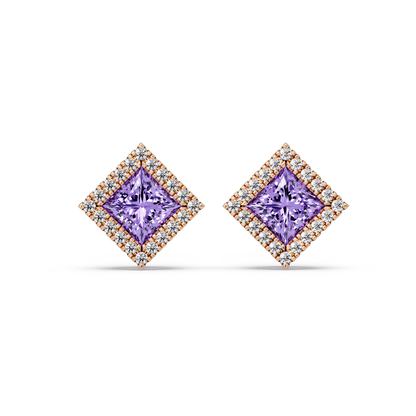 1.5 CTW Princess halo colorstone stud earrings in Rose gold with Amethyst Purple center stones