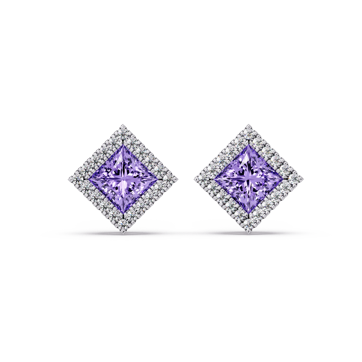 1.5 CTW Princess halo colorstone stud earrings in White gold with Amethyst Purple center stones
