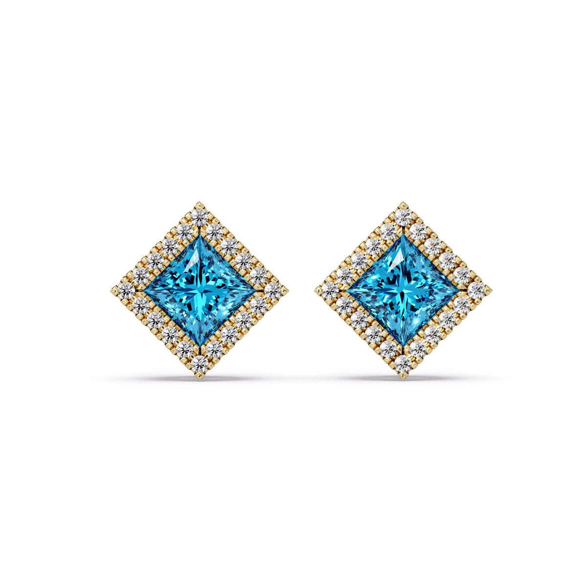 1.5 CTW Princess halo colorstone stud earrings in Gold with Aquamarine Blue center stones