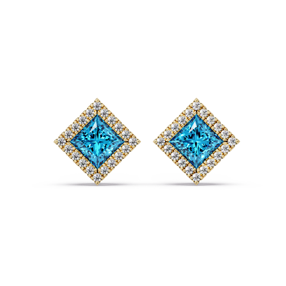 1.5 CTW Princess halo colorstone stud earrings in Gold with Aquamarine Blue center stones