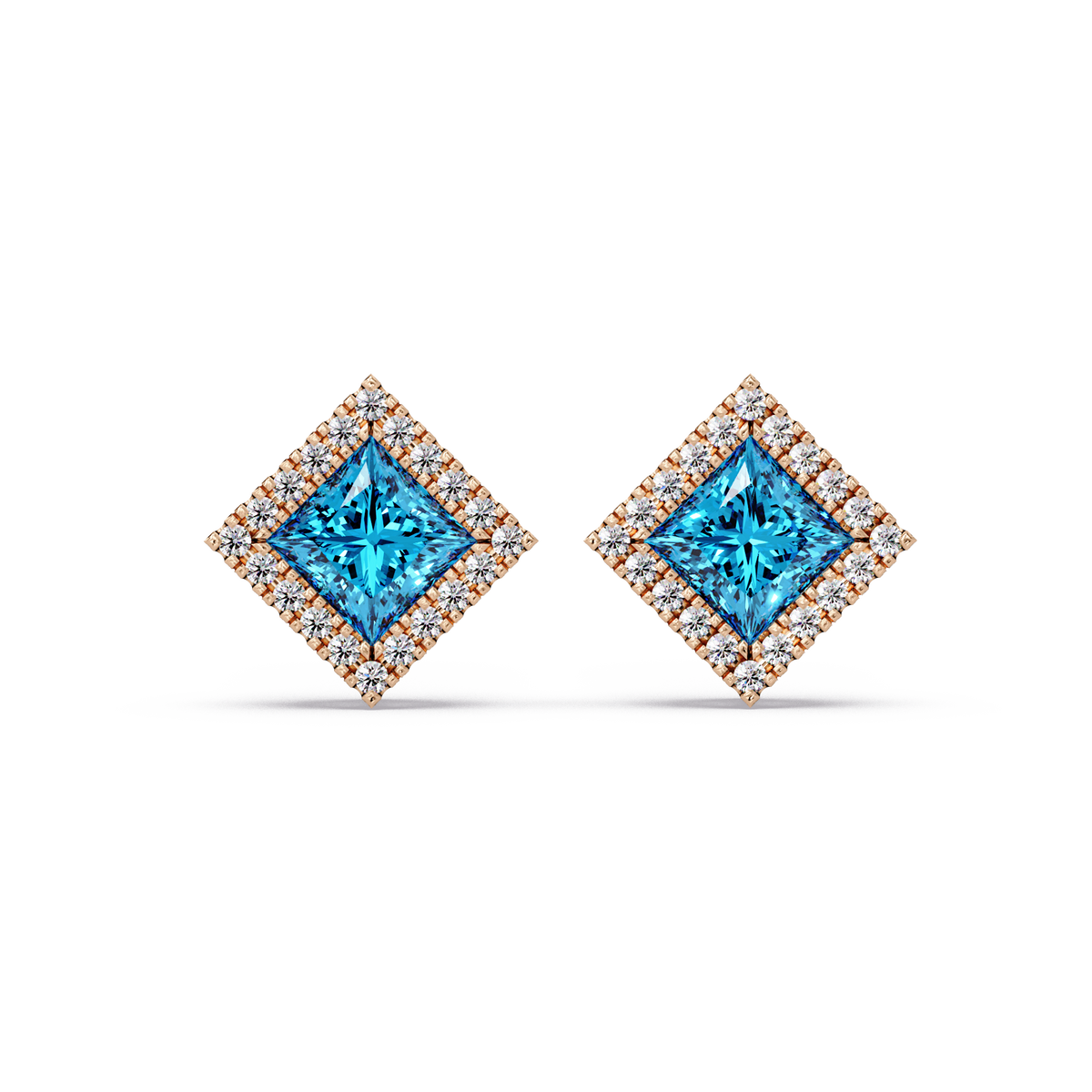 1.5 CTW Princess halo colorstone stud earrings in Rose gold with Aquamarine Blue center stones