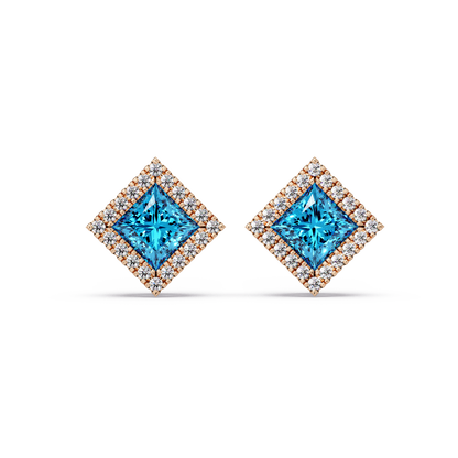 1.5 CTW Princess halo colorstone stud earrings in Rose gold with Aquamarine Blue center stones