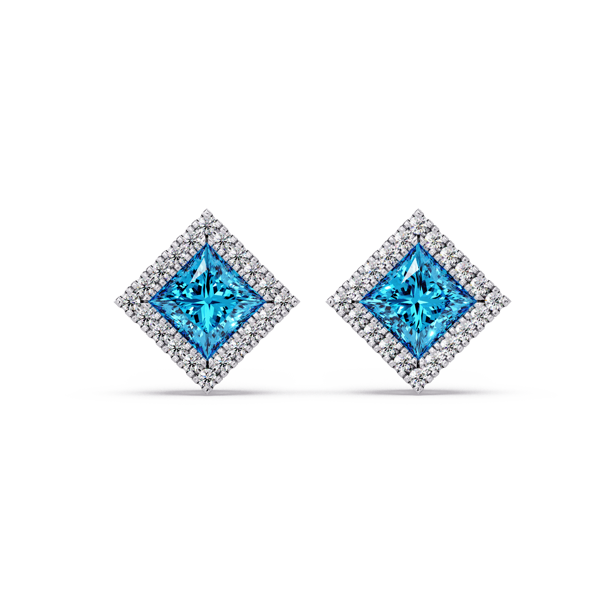 1.5 CTW Princess halo colorstone stud earrings in White gold with Aquamarine Blue center stones