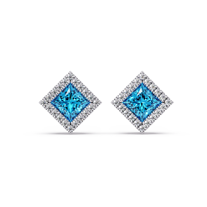 1.5 CTW Princess halo colorstone stud earrings in White gold with Aquamarine Blue center stones