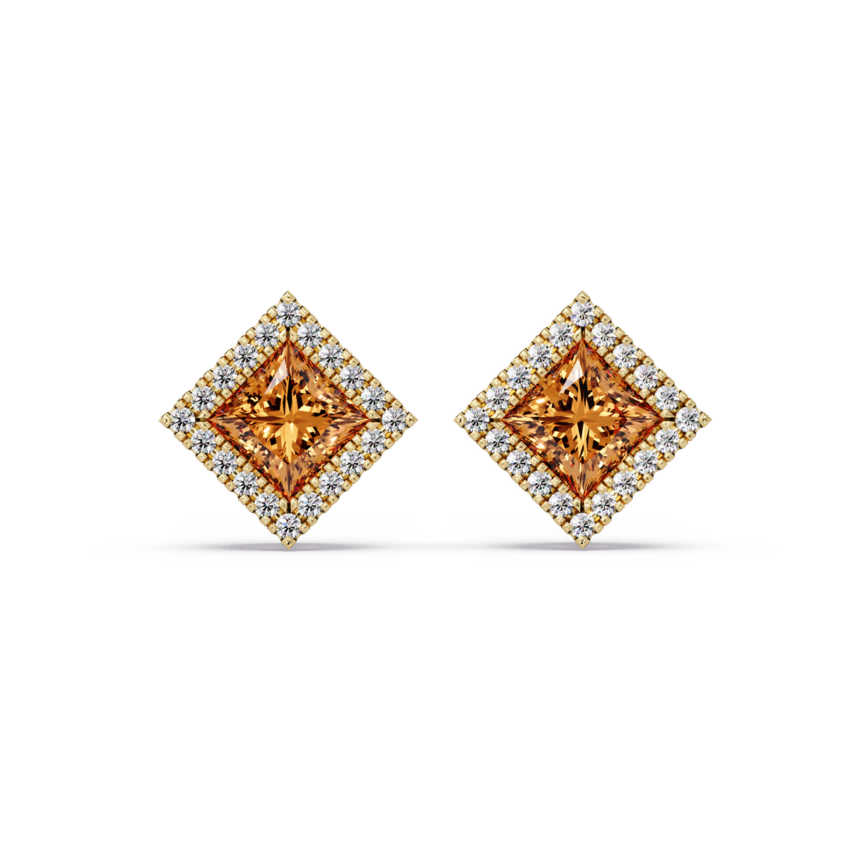 1.5 CTW Princess halo colorstone stud earrings in Gold with Champagne Topaz center stones