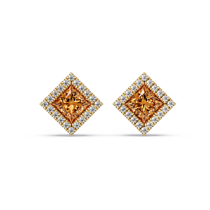 1.5 CTW Princess halo colorstone stud earrings in Gold with Champagne Topaz center stones