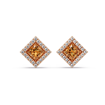 1.5 CTW Princess halo colorstone stud earrings in Rose gold with Champagne Topaz center stones