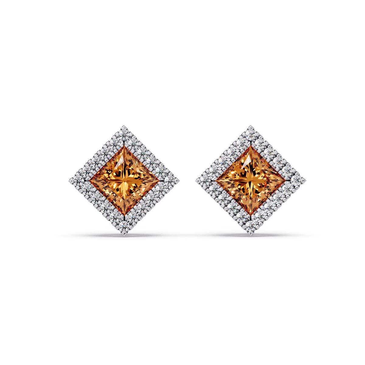1.5 CTW Princess halo colorstone stud earrings in White gold with Champagne Topaz center stones