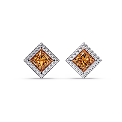 1.5 CTW Princess halo colorstone stud earrings in White gold with Champagne Topaz center stones