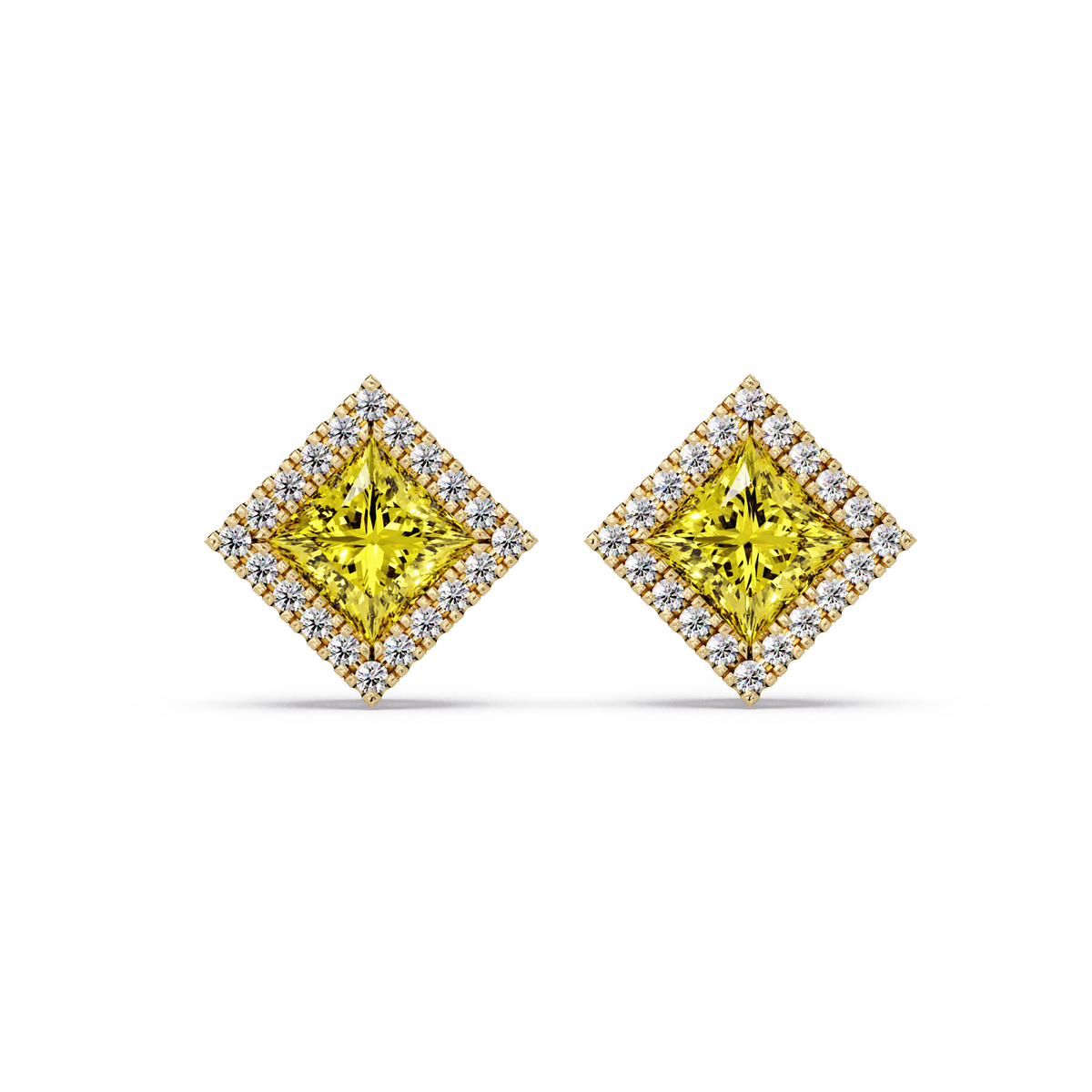 1.5 CTW Princess halo colorstone stud earrings in Gold with Citrine Yellow center stones