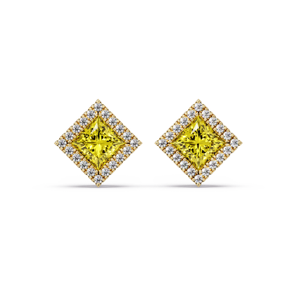 1.5 CTW Princess halo colorstone stud earrings in Gold with Citrine Yellow center stones