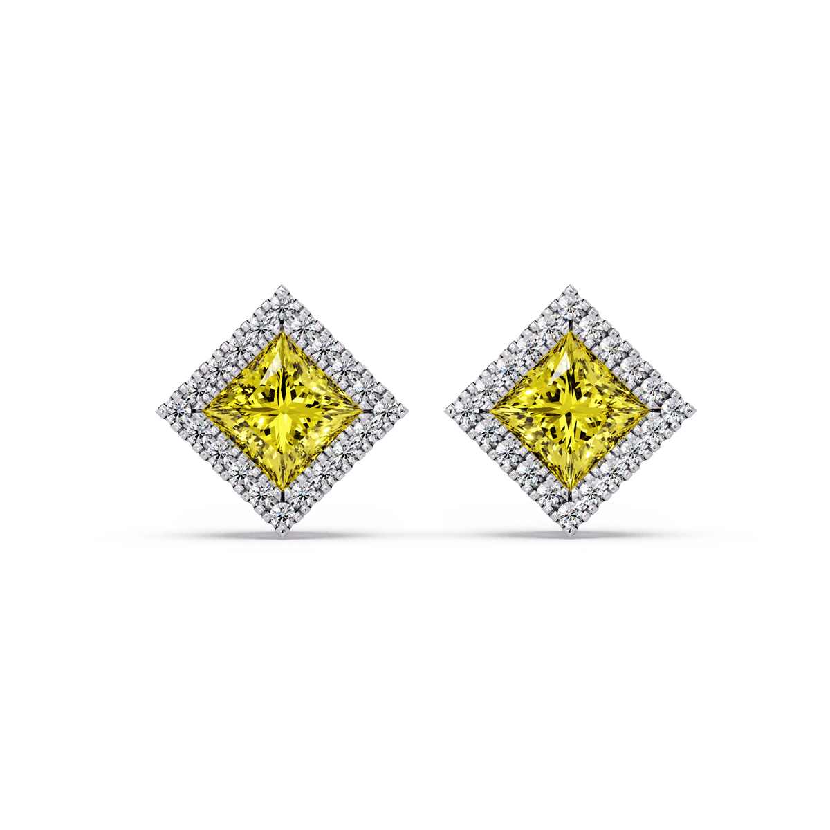 1.5 CTW Princess halo colorstone stud earrings in White gold with Citrine Yellow center stones