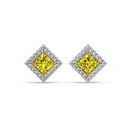 1.5 CTW Princess halo colorstone stud earrings in White gold with Citrine Yellow center stones
