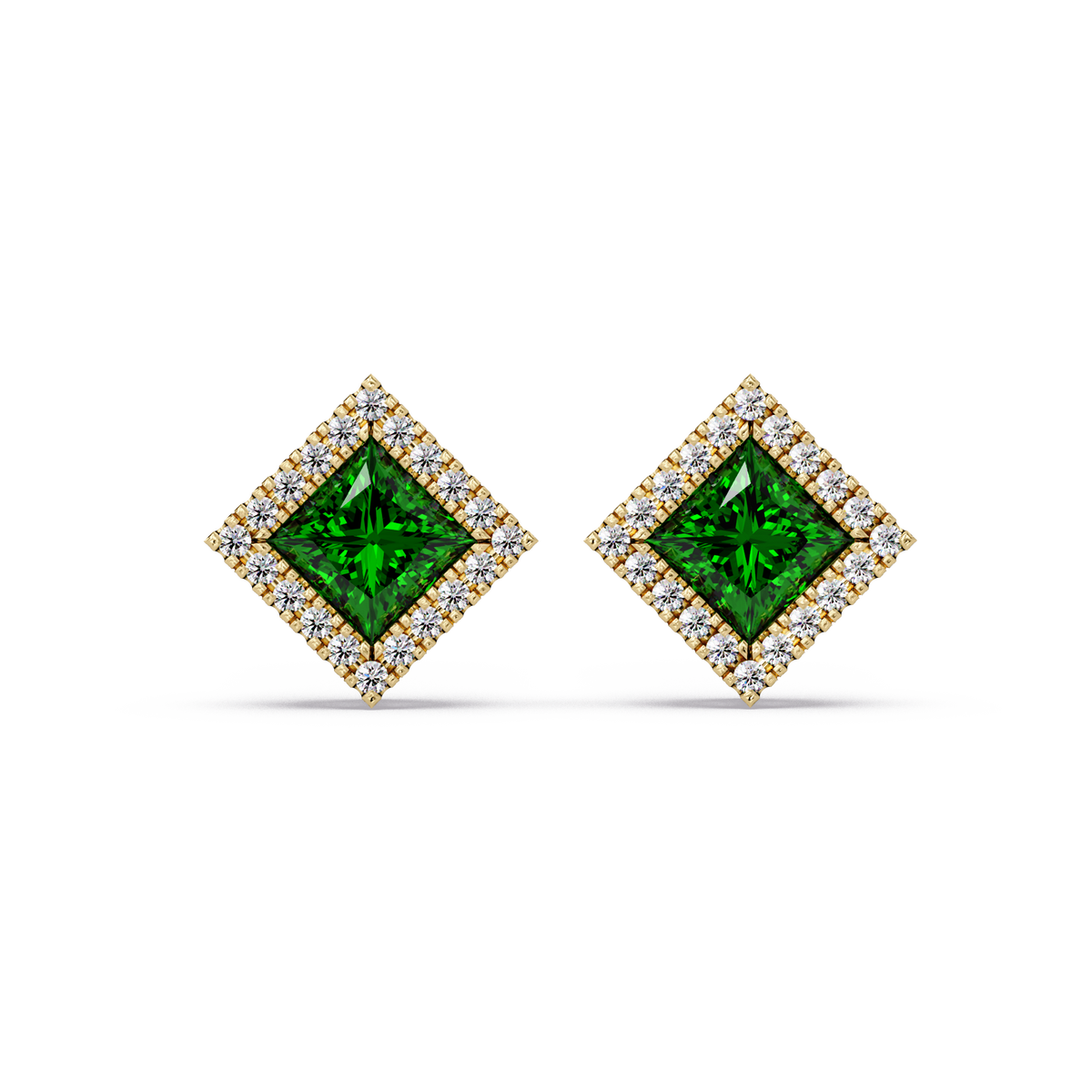 1.5 CTW Princess halo colorstone stud earrings in Gold with Emerald Green center stones
