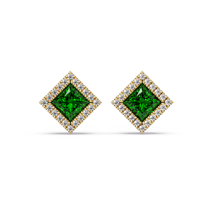 1.5 CTW Princess halo colorstone stud earrings in Gold with Emerald Green center stones