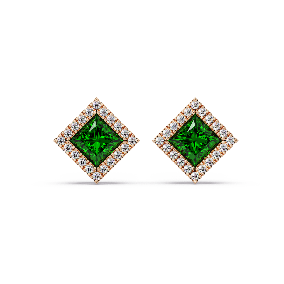 1.5 CTW Princess halo colorstone stud earrings in Rose gold with Emerald Green center stones