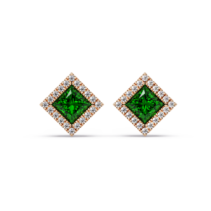 1.5 CTW Princess halo colorstone stud earrings in Rose gold with Emerald Green center stones