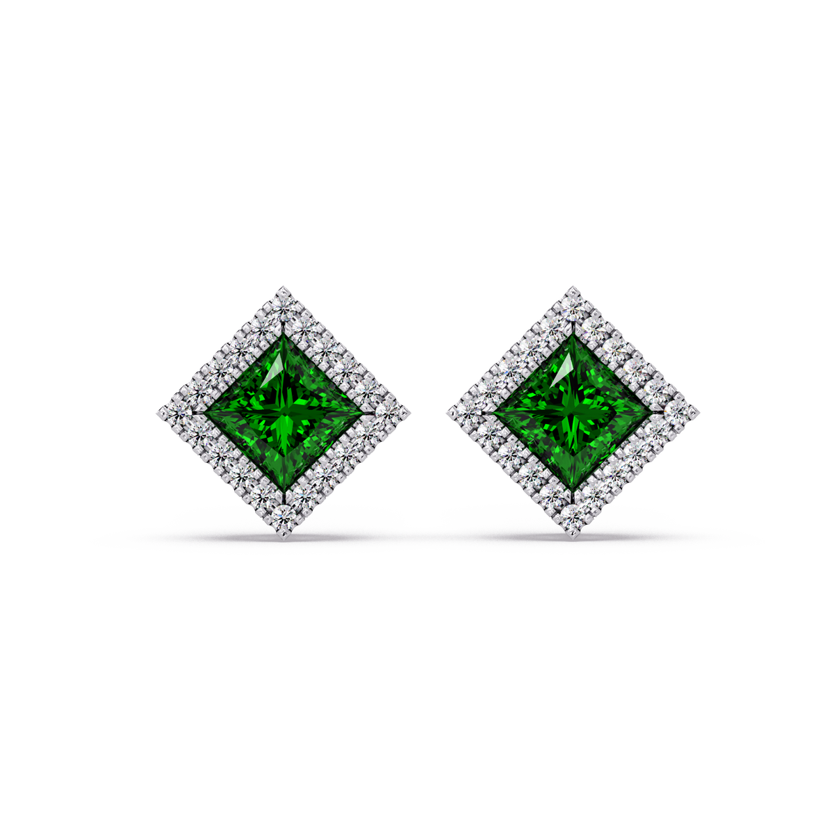 1.5 CTW Princess halo colorstone stud earrings in White gold with Emerald Green center stones