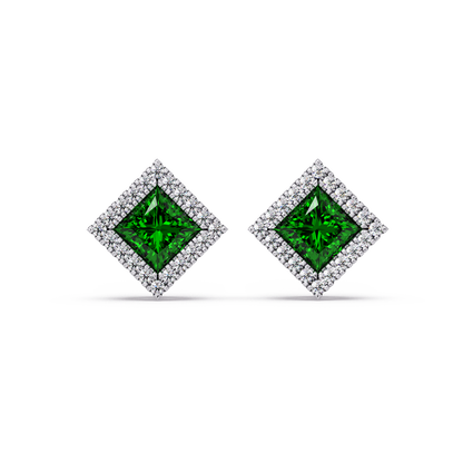 1.5 CTW Princess halo colorstone stud earrings in White gold with Emerald Green center stones