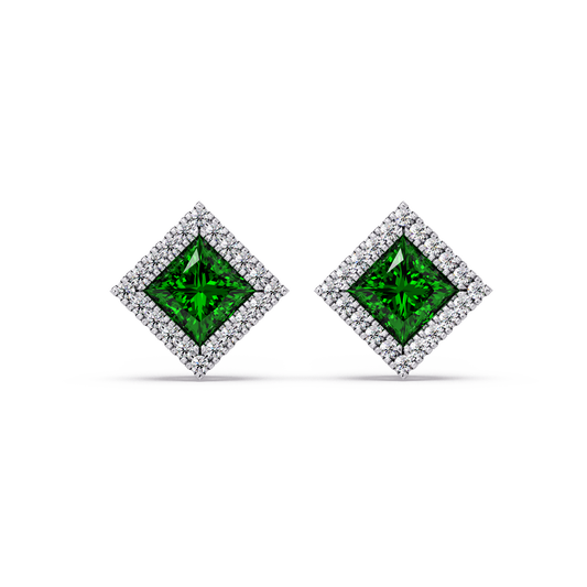 1.5 CTW Princess halo colorstone stud earrings in White gold with Emerald Green center stones