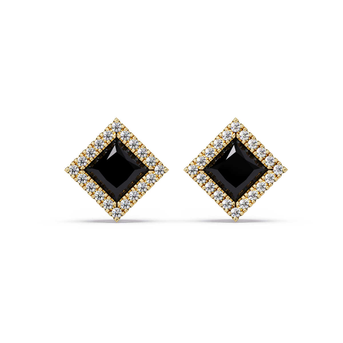 1.5 CTW Princess halo colorstone stud earrings in Gold with Onyx center stones