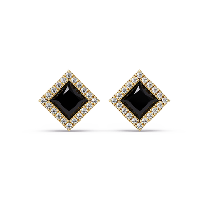 1.5 CTW Princess halo colorstone stud earrings in Gold with Onyx center stones