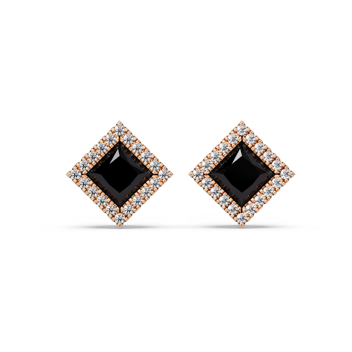 1.5 CTW Princess halo colorstone stud earrings in Rose gold with Onyx center stones