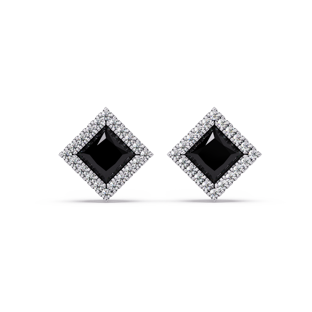 1.5 CTW Princess halo colorstone stud earrings in White gold with Onyx center stones